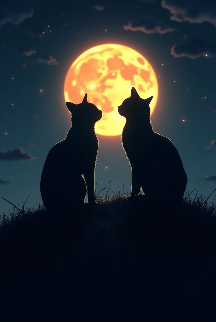 Silhouette of a cat watching the moon at night and it being bright and looking like an anime image