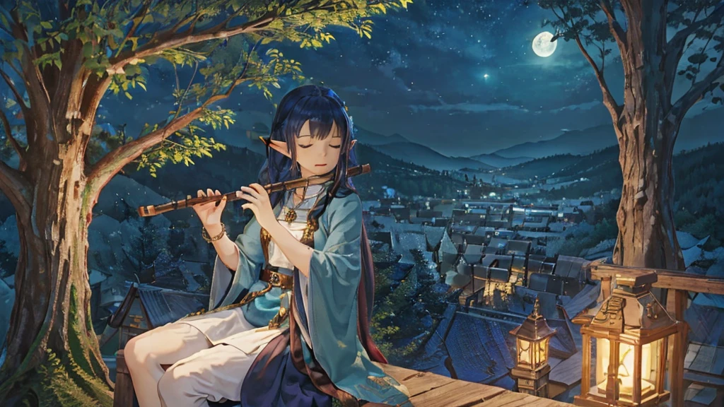 (((From diagonally left behind))), 1 Elf girl playing a wood flute while sitting gracefully on a tree branch ,elf girl sitting left, panoramic night landscape,  town in the forest can be seen, with charming houses, winding streets illuminated by moonlight, closed eyes, she wear long witch outfit