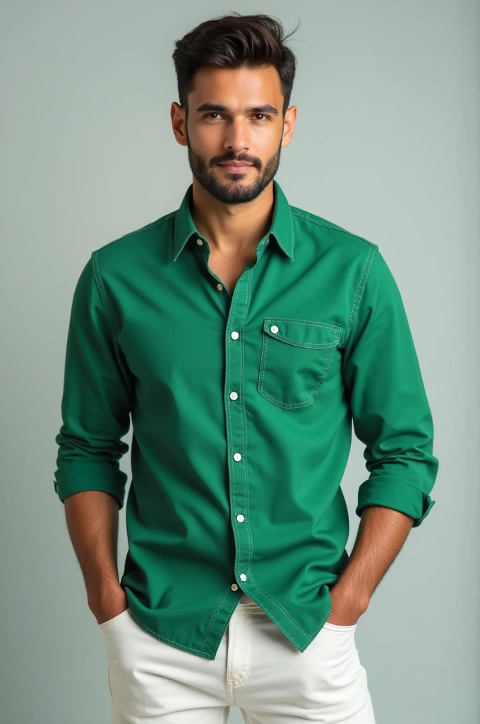 Creat a man's photo in green shirt and white gean