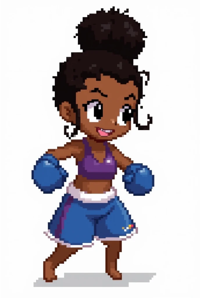 2D Pixel Sprite Black Female Character with Braid Bun Boxer with Blue Gloves Super Nintendo.