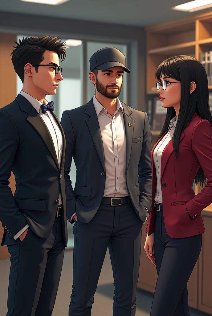 (photorealism:1.2), Rodrigo (short man, white, with terno, glasses, Without beard, with a book-style hairstyle slicked back, without a hat and a businessman) with Luke (man of medium height, moreno, with beard and cap with visor), Magdiel (Tall Man, moreno, con glasses, Without beard, without a hat and robust) and Renata (little woman, white, pelo largo y glasses) in a office
