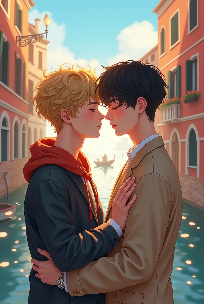  a boy with another boy ,that is to say, a boys love ,and that it is a drawing art style that is full body and one is shorter and has curly blond hair and the other is tall black hair ,with the title of "Rhythms of Venice"He emphasized the Pinterest art style and that both are Korean with the title I already gave,movie cover type , boy and boy I said Koreans with title that I gave
