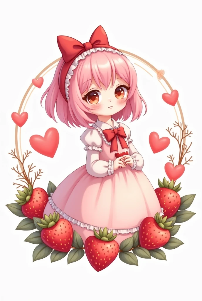 Create a small logo of a store called "Lulumu Store" with white colors, rosa , red, black and has a girl dressed as a lolita with pastel pink hair and strawberries drawn around it 