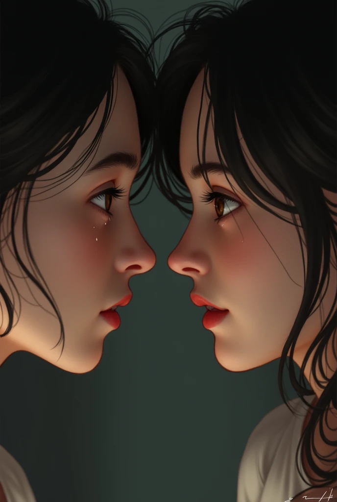 Close-up of Lily's face, showing her internal struggle. Alex looks up at her with tears in his eyes.