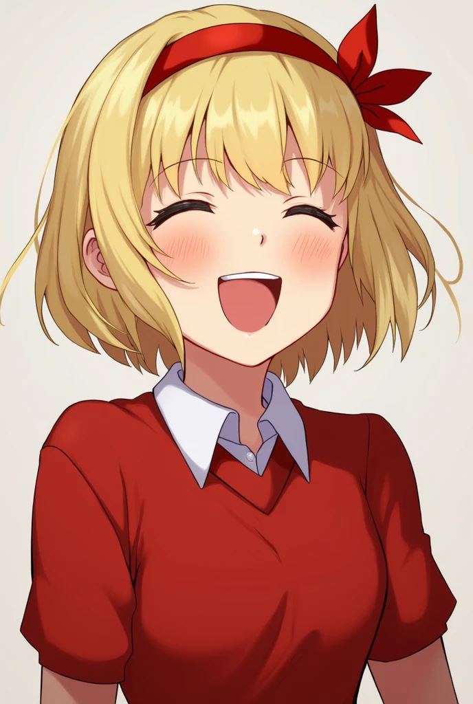 18 year old American girl、Blonde short hair、Wearing a red uniform、Laughing with mouth wide open、Wearing a red headband
