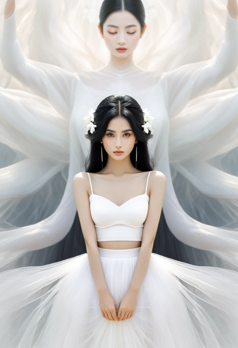 high quality, 8K Ultra HD, Surreal portrait of a stunning woman.
beauty,Black Hair,black eyes,White tulle skirt,front,symmetry,Hands together,Bodhisattva,Clean background,masterpiece,