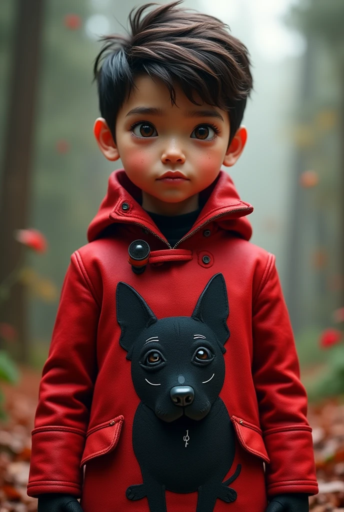 Create a boy, look at the armor, the boy has to be wearing a red coat with a big black dog on the side. 
