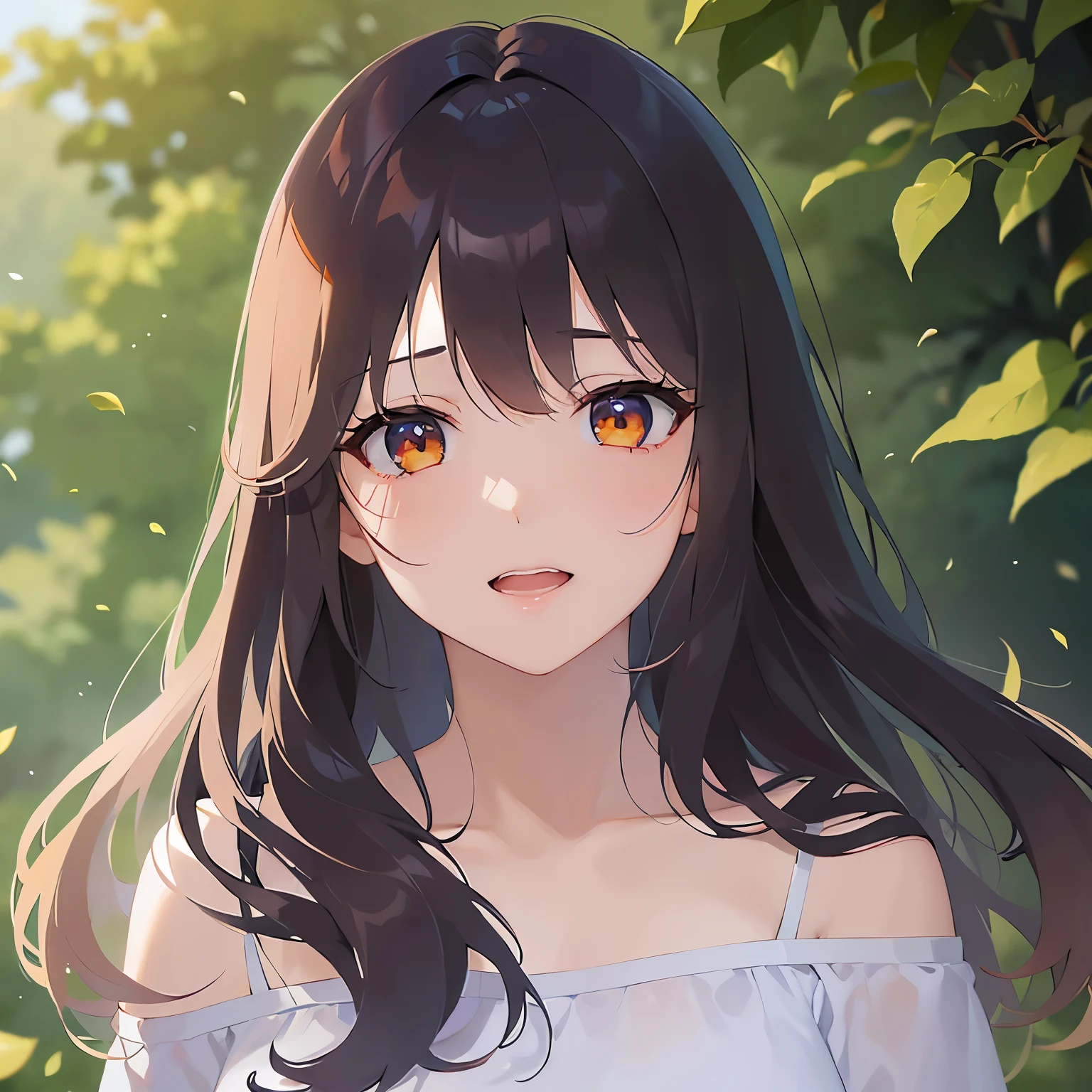 (looking at viewer:1.5)Upper Body, forward hands,
Realistic, real person, (pale skin: 1.2), RAW photo, photorealistic, shiny skin, shiny hair、
(A 25-year-old woman with medium-length hair and bangs) and (wavy hair) and (brown hair) and (orange eyes),
(white) and (off shoulder blouse),
(tearful:1.2),smile,open mouth,park,grass、blue sky、(alone:1.5)