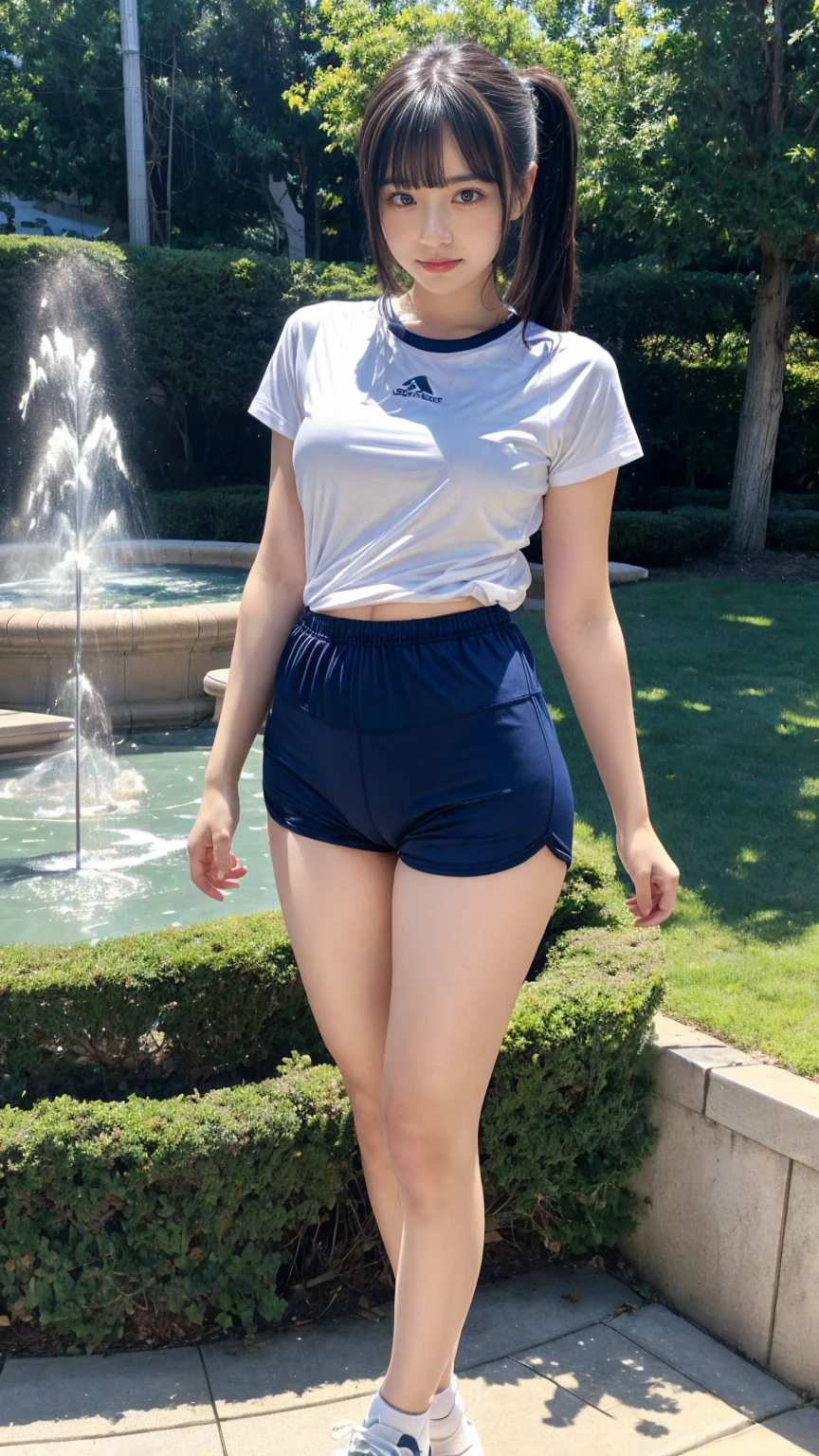 masterpiece, best quality, illustration, Super detailed, fine details, High resolution, 8K,wall paper, perfect dynamic composition,(Details High quality, realistic depiction of eyes:1.3), (short sleeve white t-shirt, navy short pants, gym clothes), middle hair, ponytail, sideburns, black hair color, Big Natural Color Lip, Large swollen breast, perfect body shape, crying a little、little smile、 Harajuku style、20 year old girl、cute type、ta, hposing Gravure Idol, full body photo、focus on crotch, (park:1.2, fountain)