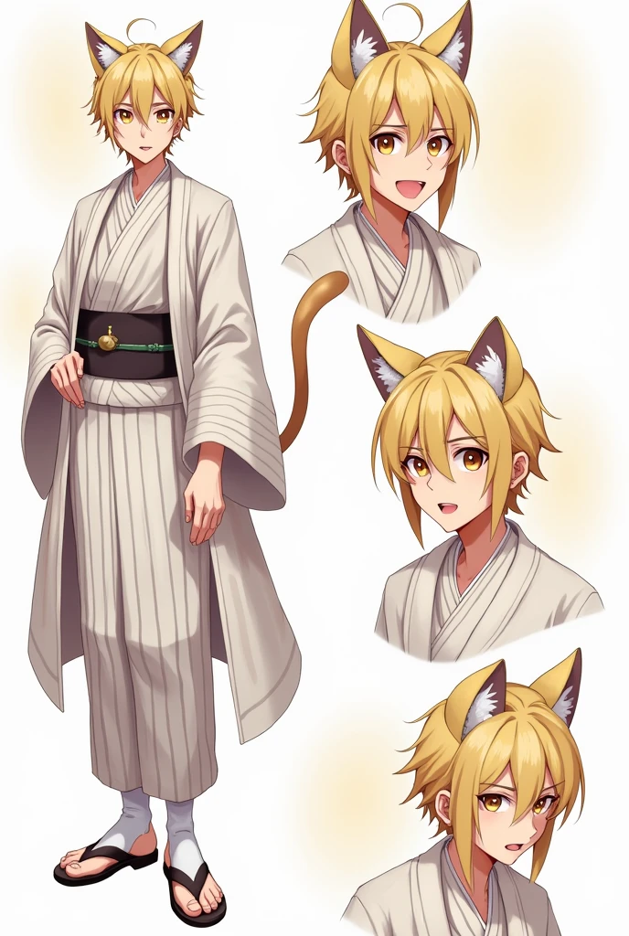 High quality illustrations, male，Cat-eared teenager, three views, Front and sides and back, Character Sheet, Character Design, Various expressions（Happy expression、Sad expression、Angry expression） 、masterpiece、(Highest quality)、((kimono))、((Makes your face smaller))、The body is slim、((Yellow Eyes))、((10 poses and facial expressions))、Anime characters