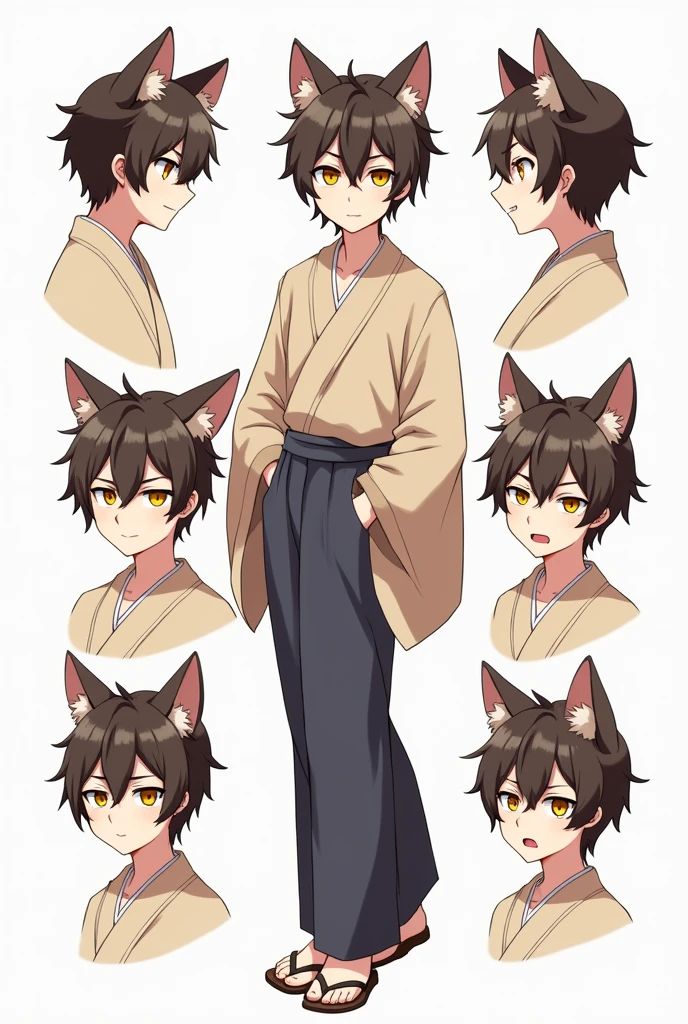 High quality illustrations, male,Cat-eared teenager, three views, Front and sides and back, Character Sheet, Character Design, Various expressions(Happy expression、Sad expression、Angry expression) 、masterpiece、(Highest quality)、((kimono))、((Makes your face smaller))、The body is slim、((Yellow Eyes))、((10 poses and facial expressions))、Anime characters