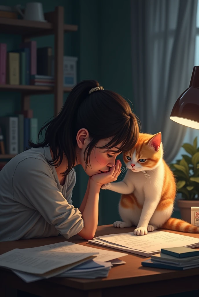 A woman falls down on her desk and cries, The cat is comforting her by putting his hand on her head and talking "You Have Me!me!"