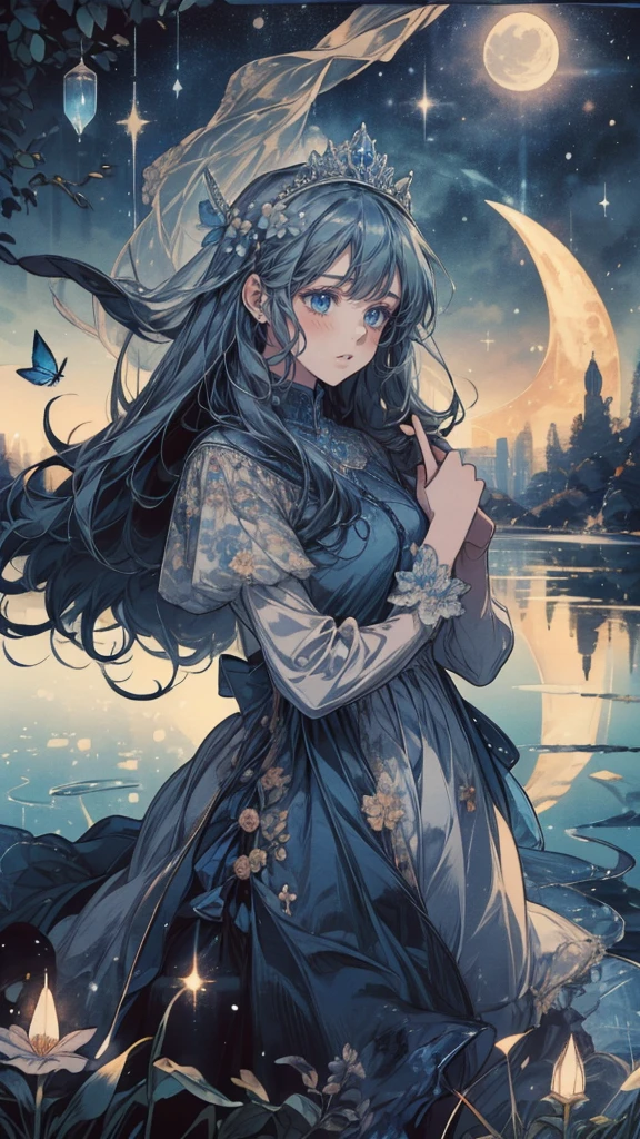 (Mastepiece), (Best Quality), Very detailed, 1 girl, (Solo Shooting:1.5), Perfect Face, beautiful girl, Very detailedな顔，(Blue Princess Dress:1.4)、(Long Hair:1.5)，(blue eyes:1.4)，(Princess:1.4)、(White flower:1.4)、(Blue Butterfly々:1.3)、(Sparkling:1.3)、moonlight、流れstar、(night、star空、White Moon:1.4)、star々、moonlight