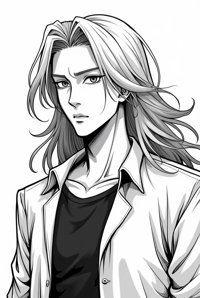 Asian man with long hair, about 50 years old, black and white anime comic style, ideal for writing on the image. That the style most likely resembles Asian anime mangas 