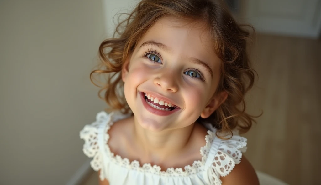 Beautiful girl in white dress with smile talks about her eyes