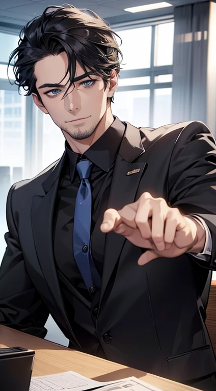 (best quality,4k,8k,highres,masterpiece:1.2),ultra-detailed,(realistic,photorealistic,photo-realistic:1.37),1 man,31 years old,mature man,very handsome,without expression,smile,short grey black hair,blue eyes,penetrating gaze,perfect face without errors,imposing posture,businessman,office background,cinematic lighting,hdr image