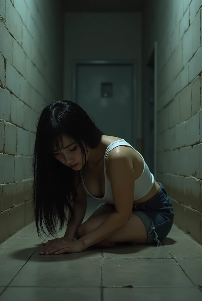 3D Japanese woman on all fours being raped by a man in a prison cell Black hair Choibusa Diagonal angle
