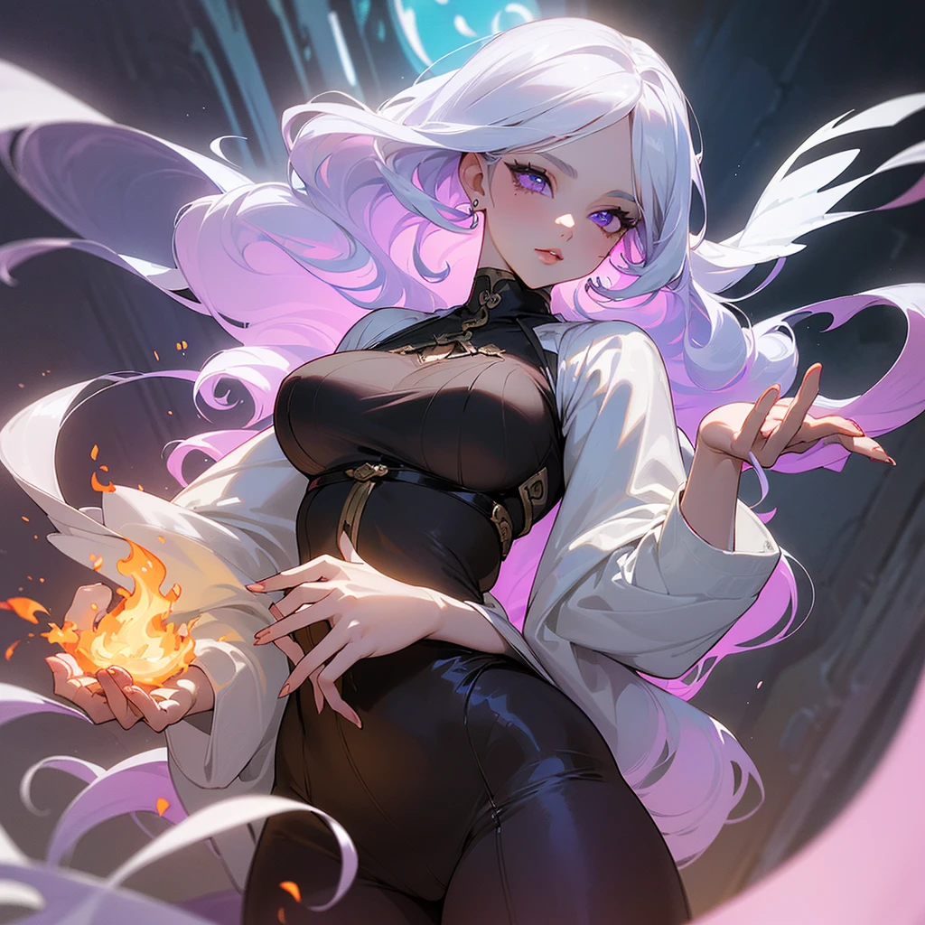 ((ultra quality)), ((masterpiece)), ((Water, fire, air, land)), ((Four elements)), ((Right hand with Fire)), ((sensual)), ((Angelic beauty woman)), ((long white curly hair)), ((White hair)), ((White hair)), ((curly hair)), (beautiful face), (beautiful female lips), Enchanting ((Seductive facial expression)), looks at the camera with a slight smile, (White skin color), (White skin), glow on the body, ((detailed eyes)), ((violet eyes)), (juicy female lips), (dark eyeliner), (beautiful female hands), ((thick body)), ideal female body, ((Year 1920)), beautiful waist, beautiful big hips, big breasts, thick thighs, ((threatening and beautiful)) (), ((depth of field)), ((high quality clear image)), (delete details), ((High detail)), ((clear focus))