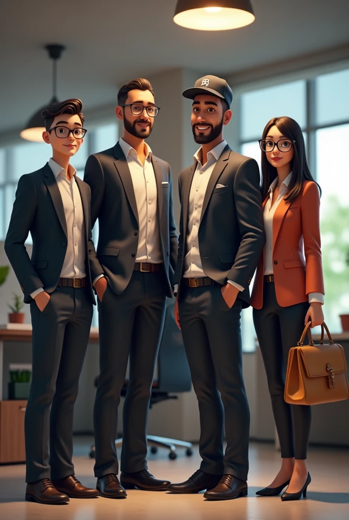 (photorealism:1.2), Rodrigo (short man, white, with terno, glasses, Without beard, with a book-style hairstyle slicked back, without a hat and a businessman) with Luke (man of medium height, moreno, with beard and cap with visor), Magdiel (Tall Man, moreno, con glasses, Without beard, without a hat and robust) and Renata (little woman, white, pelo largo y glasses) in a office
