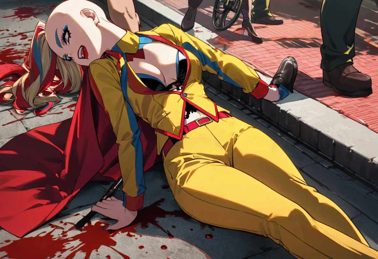 Margot Robbie as Harley Quinn (insane pretty face, tiny themed outfit Harley Quinn makeup on body, blood spatter) is wielding a bloody ball bat. Harley is standing over a confused Saitama who is lying on the ground on his back (iconic yellow suit, blood spatter, red cape, bald head). Downtown Tokyo