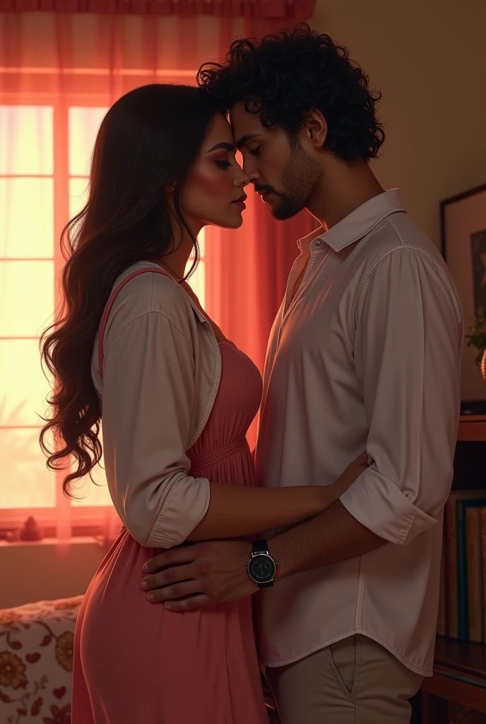 A Brazilian woman at her boyfriend's house, with a white shirt and a pink nightgown, with an onion-like face with white skin when you press it it turns light red,with breasts and ass,and her boyfriend with curly hair looking like a skinny fake with a shape next to her he has a goatee and a mustache on top.
