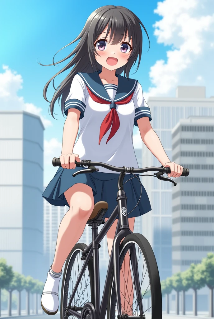 A girl in a sailor suit riding a bicycle