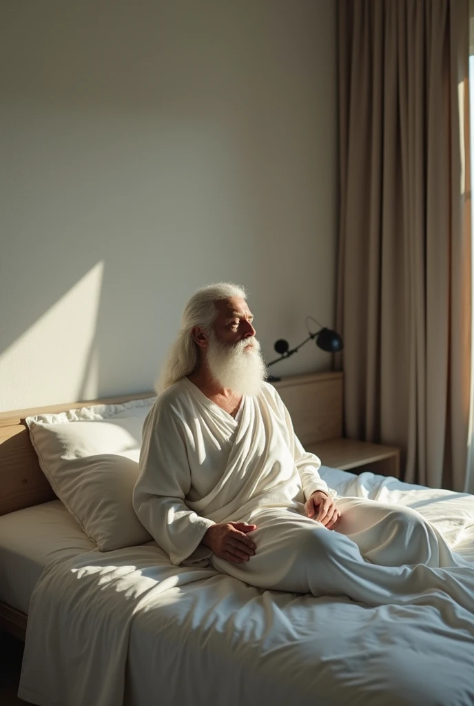 Make a man with long white hair and beard lying on a bed with his eyes closed, Not medieval style