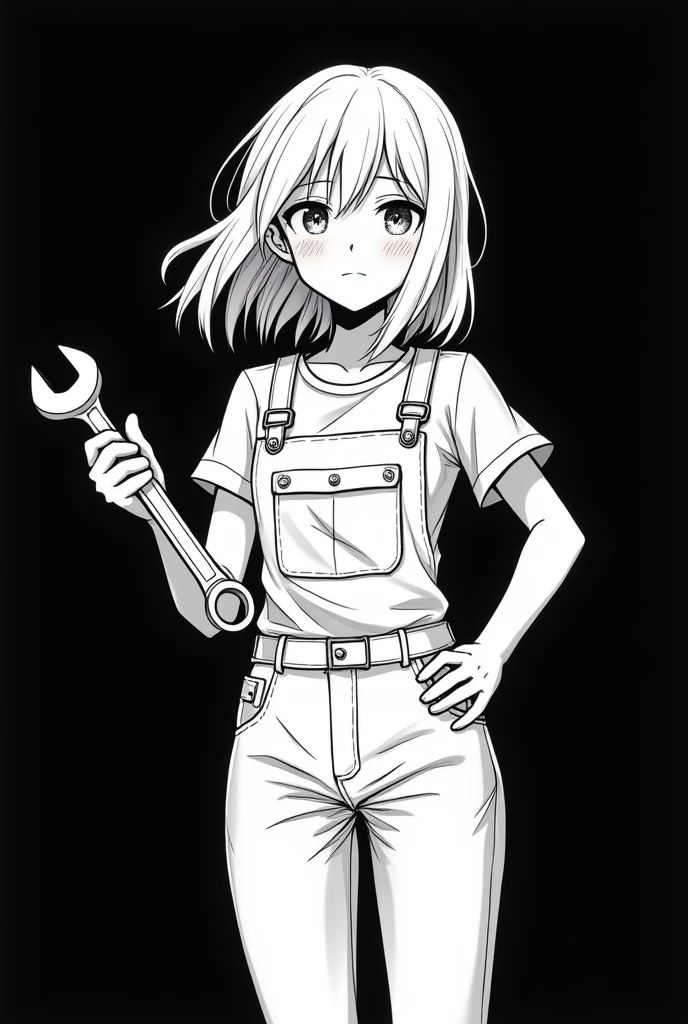 White pen on a black background。
No grey, just black and white。
White-haired girl wearing overalls。
The length of the hair is medium。
Holding a wrench tool in each hand。