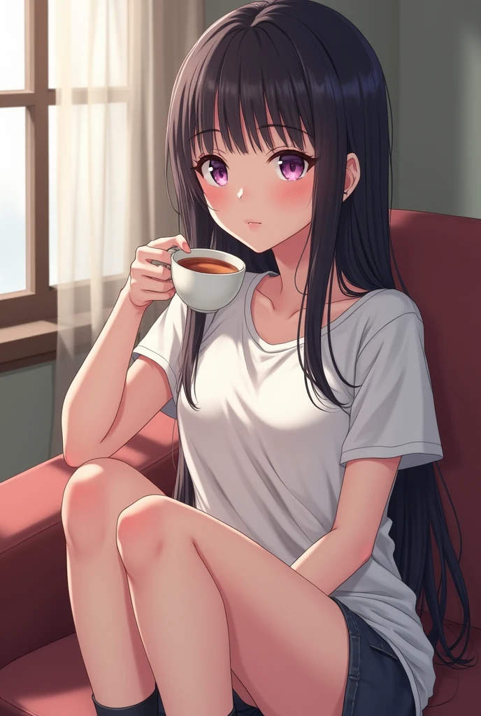 A  girl, in the anime style of the Seinen Genre. 

Her Appearance: she has long dark hair with bangs,Serene and seductive eyes of lilac pink color,Light skin color and she has a mole below her left eye. 

She is wearing a loose white T-shirt and a pair of black socks.. 

She is sitting on a sofa drinking tea. 