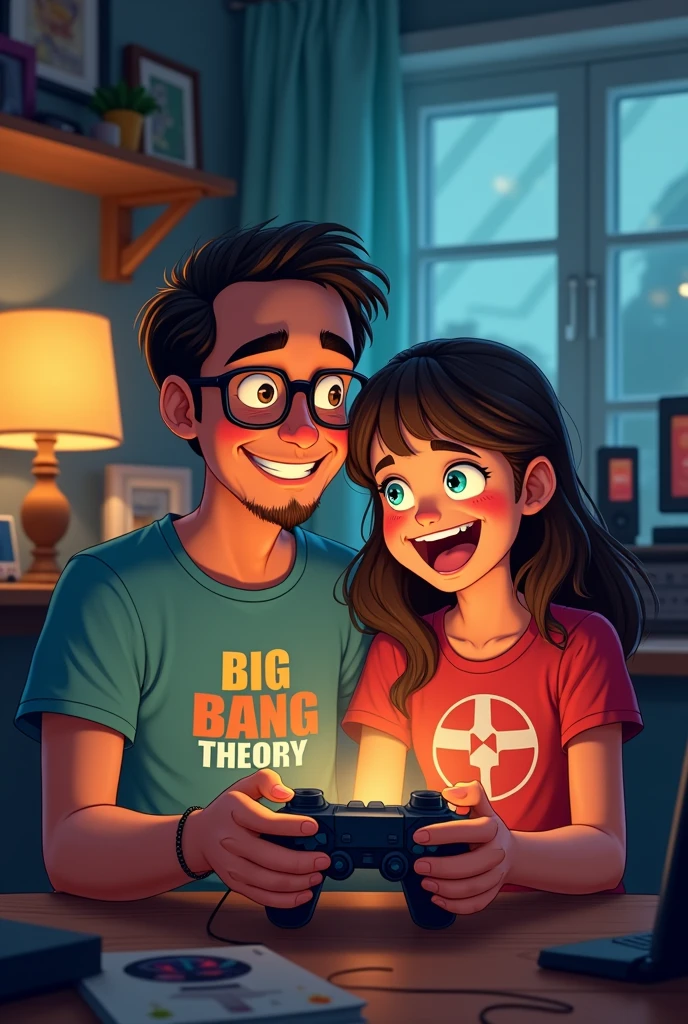 Can you create a geek style father and daughter image for me?,nerd For Father's Day The two playing video games together with the Big Bang Theory shirt.