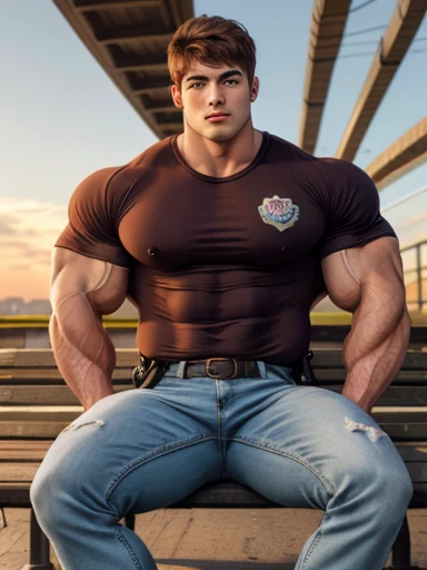 brutalmass, 1boy, sitting on a bench, police clothes, baggy jeans, (graphic tshirt:1.2), sunset background, soft smile, a cute sweet man, big brown eyes