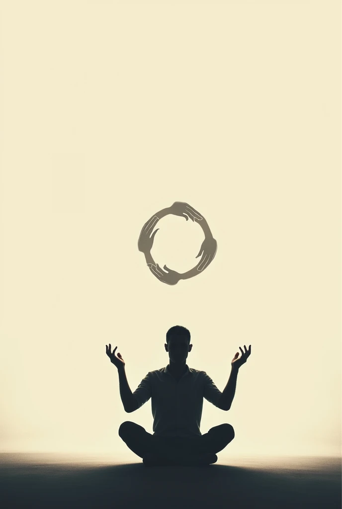 I would like to see a human silhouette sitting in nothingness with the left hand up, palm down, with the right hand down, palm up, and a circle between the hands.