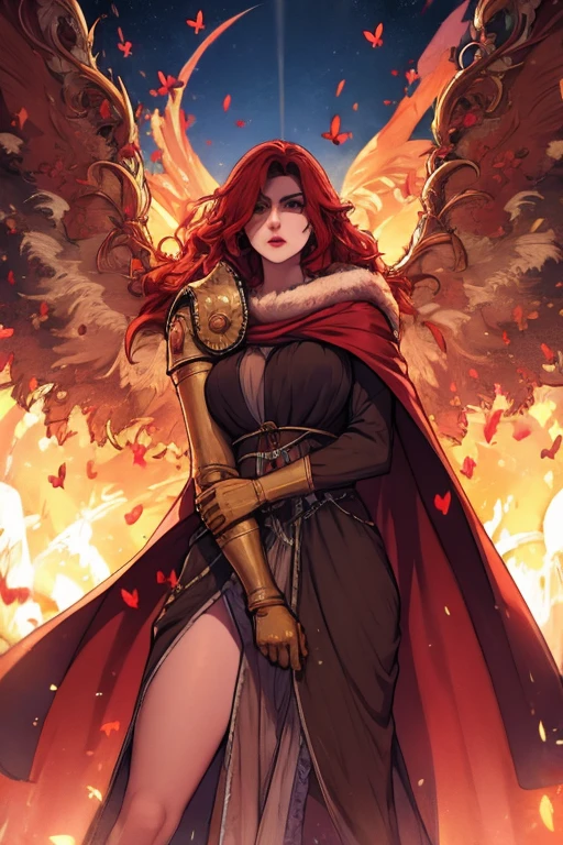 MaleniaDef, red hair, armor, cape, brown dress, MaleniaRot, wings, coverd eyes, scar, butterfly, bug prothestic leg, single mechanical arm, prosthesis