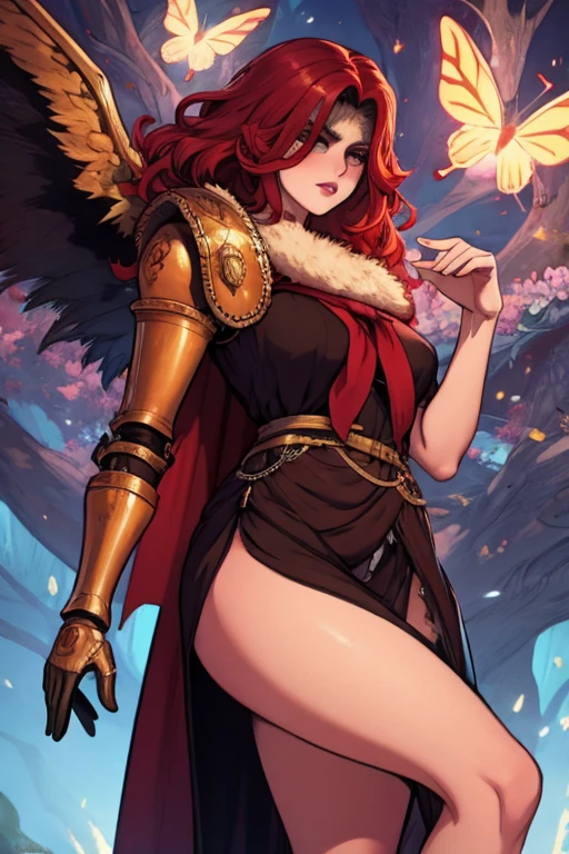 MaleniaDef, red hair, armor, cape, brown dress, MaleniaRot, wings, coverd eyes, scar, butterfly, bug prothestic leg, single mechanical arm, prosthesis