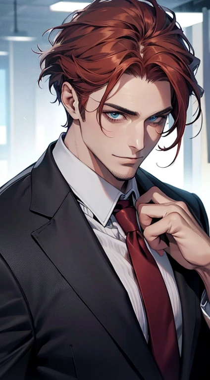 (best quality,4k,8k,highres,masterpiece:1.2),ultra-detailed,(realistic,photorealistic,photo-realistic:1.37),1 man,31 years old,mature man,very handsome,without expression,smile,short grey red hair,blue eyes,penetrating gaze,perfect face without errors,imposing posture,businessman,office background,cinematic lighting,hdr image