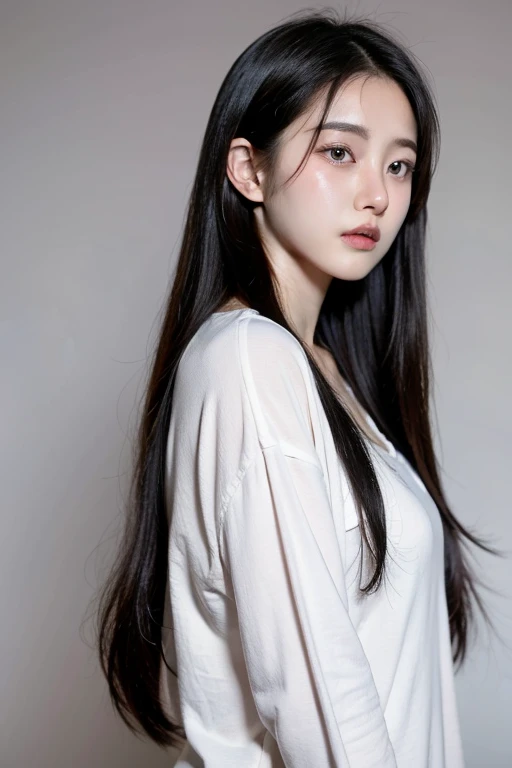 A korean kpop female idol style, long black straight hair, resembles Wonyoung from Ive and Yeji from Itzy