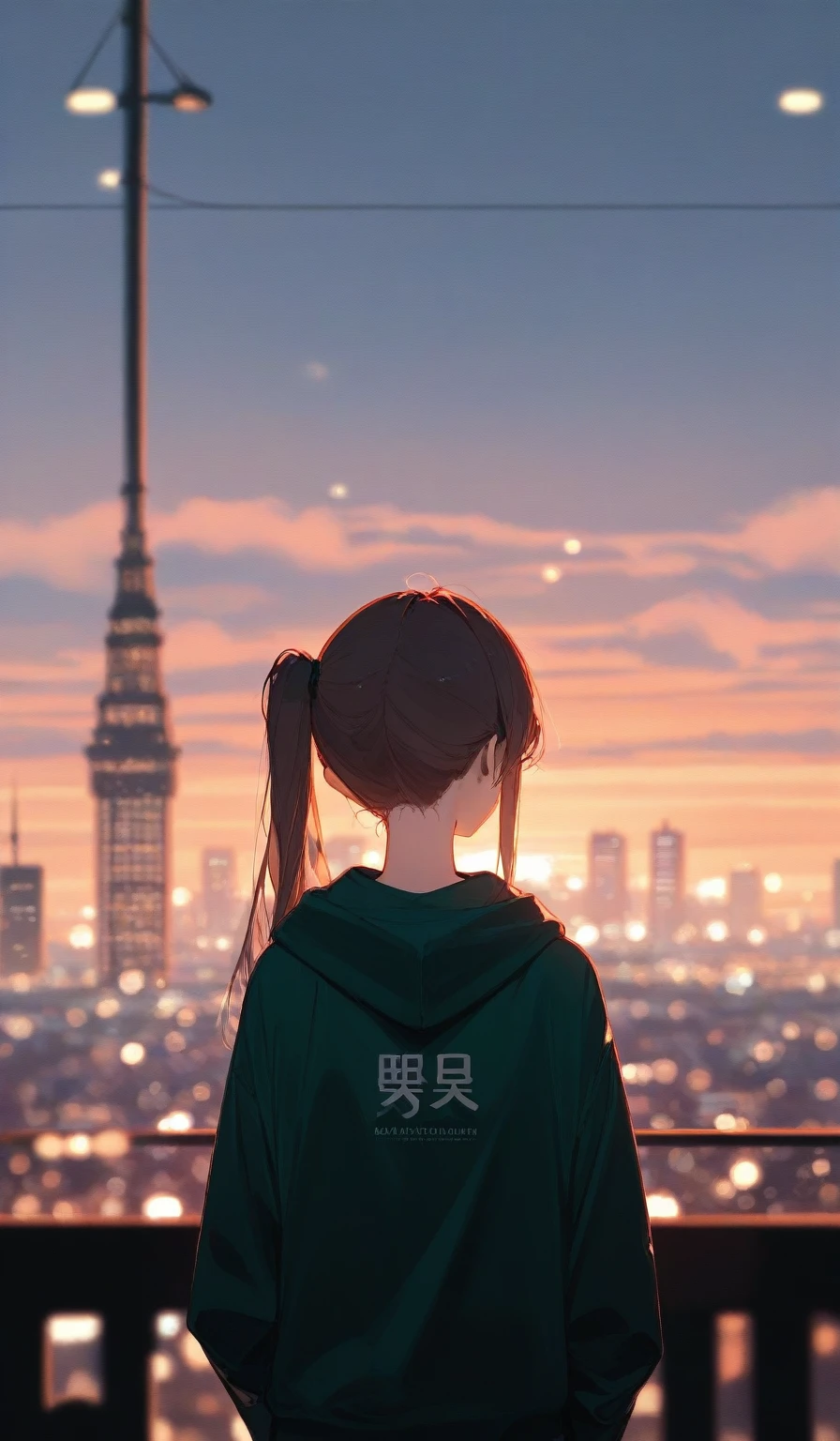 Fraction_9,Fraction_8_up,Impressionism,Sunset.1女孩的Back,Brown side ponytail,Dark green sweatshirt,wonderful,city View,Depth of Field,Movie lighting,((Back)),Back of the head,Hands behind