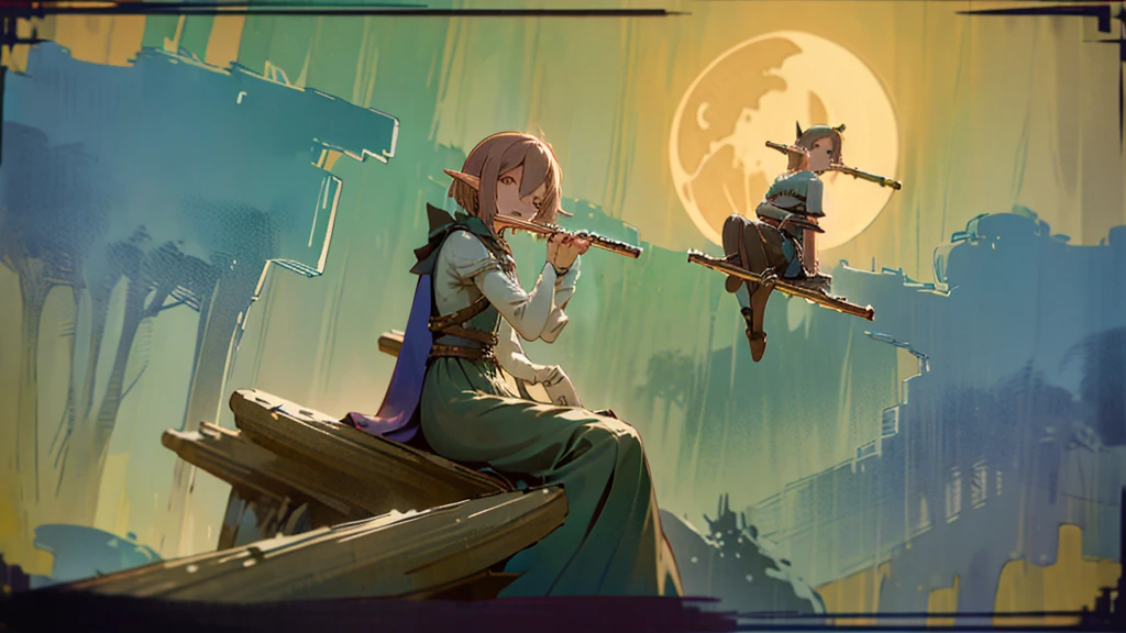 (((From diagonally left behind))), 1 Elf girl playing a wood flute while sitting gracefully on a tree branch ,elf girl sitting left, panoramic night landscape,  town in the forest can be seen, with charming houses, winding streets illuminated by moonlight, closed eyes, she wear long witch outfit