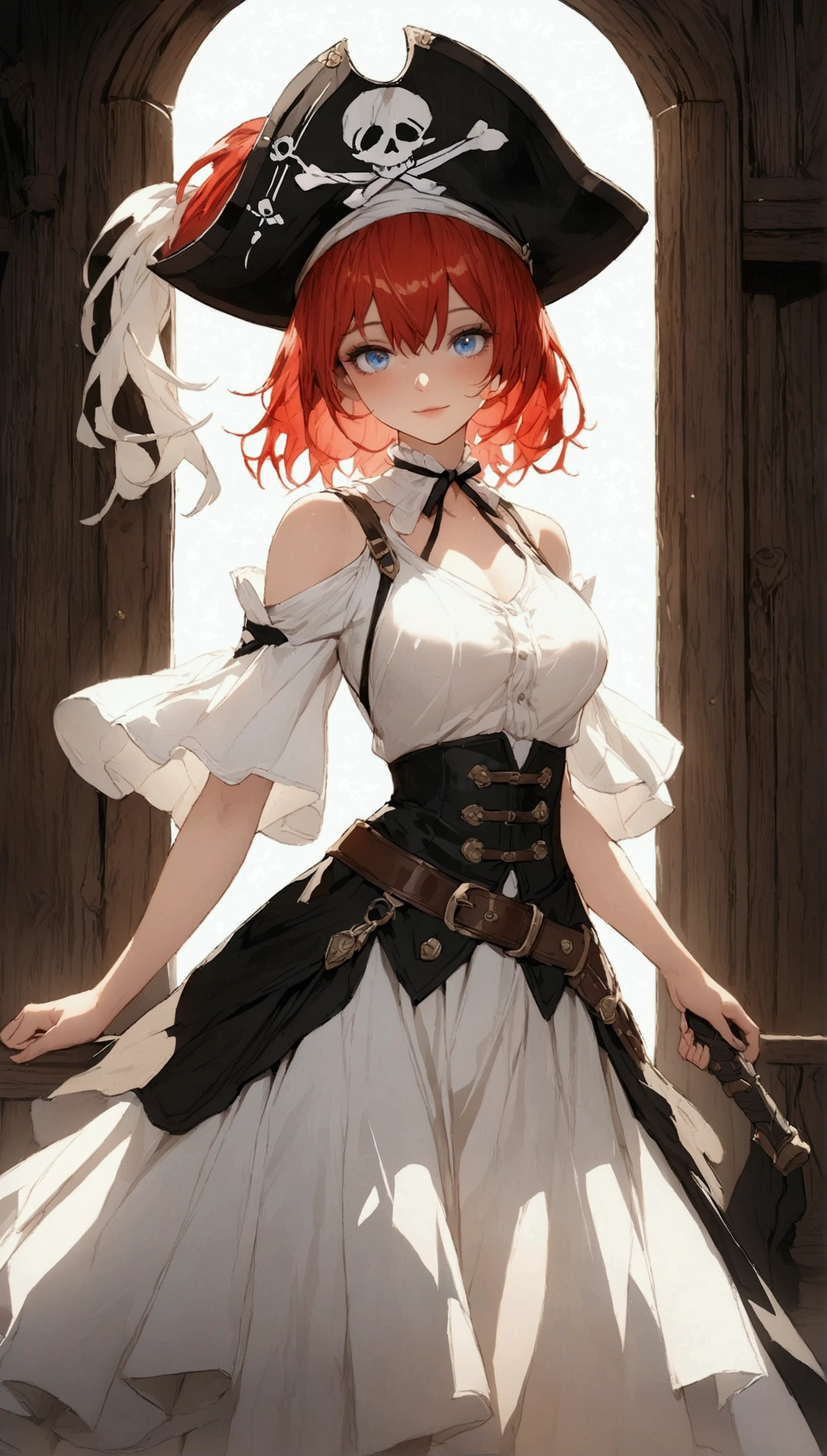 (Masterpiece. The best quality. 8K. Sharp focus. Depth of field, The best shadows. Perfect lighting. HDR. Realistic skin texture. Ultra-detailed background. Detailing). Anime style. Honkai: Star Rail. March 7. 1 girl. Fiery red hair, short hair. Azure blue eyes, beautiful eyes, beautiful eyes, expressive eyes. Beautiful nose, perfect facial features. Perfect anatomical body, slender figure, second size breasts, beautiful breasts, thin waist, rounded hips, beautiful long legs. Pirate hat, white blouse, pirate pants, Uniform cloak, shoulder straps with the Jolly Roger, knee-high boots, wide belt at the waist. Saber in the right hand. Muskets in the left hand. Gambling smile. Feet shoulder-width apart. Standing on the deck. Standing at full height. Concept art. Looking at the viewer. At full height. Full body.