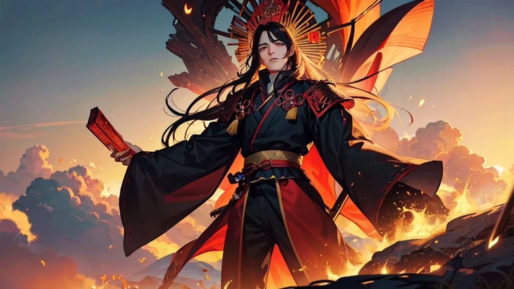 A dramatic, powerful scene depicting Oda Nobunaga raising his arms to the sky in a victorious stance. He is standing atop a grand, elevated platform, overlooking a sprawling cityscape of Kyoto in the background. Nobunaga is dressed in elaborate samurai armor, with a distinctive, fierce expression on his face. Above him, a dramatic sky with dark, swirling clouds accentuates the intense mood. A glowing, ethereal aura surrounds him, symbolizing his self-proclaimed title of "The Sixth Day Demon King" (Sixth Heaven Demon King). The atmosphere conveys a sense of awe and intimidation, showcasing Nobunaga's assertion of authority and dominance.