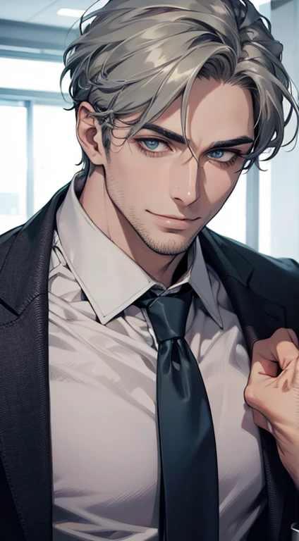 (best quality,4k,8k,highres,masterpiece:1.2),ultra-detailed,(realistic,photorealistic,photo-realistic:1.37),1 man,31 years old,mature man,very handsome,without expression,smile,short grey green hair,blue eyes,penetrating gaze,perfect face without errors,imposing posture,businessman,office background,cinematic lighting,hdr image