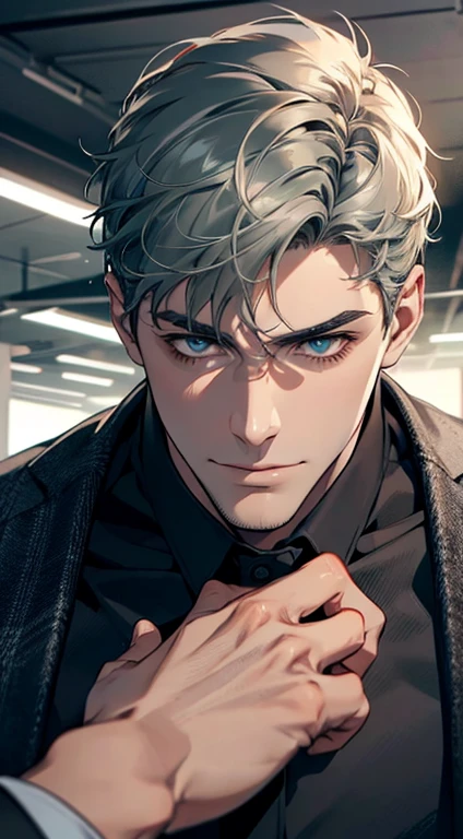 (best quality,4k,8k,highres,masterpiece:1.2),ultra-detailed,(realistic,photorealistic,photo-realistic:1.37),1 man,31 years old,mature man,very handsome,without expression,smile,short grey green hair,blue eyes,penetrating gaze,perfect face without errors,imposing posture,businessman,office background,cinematic lighting,hdr image