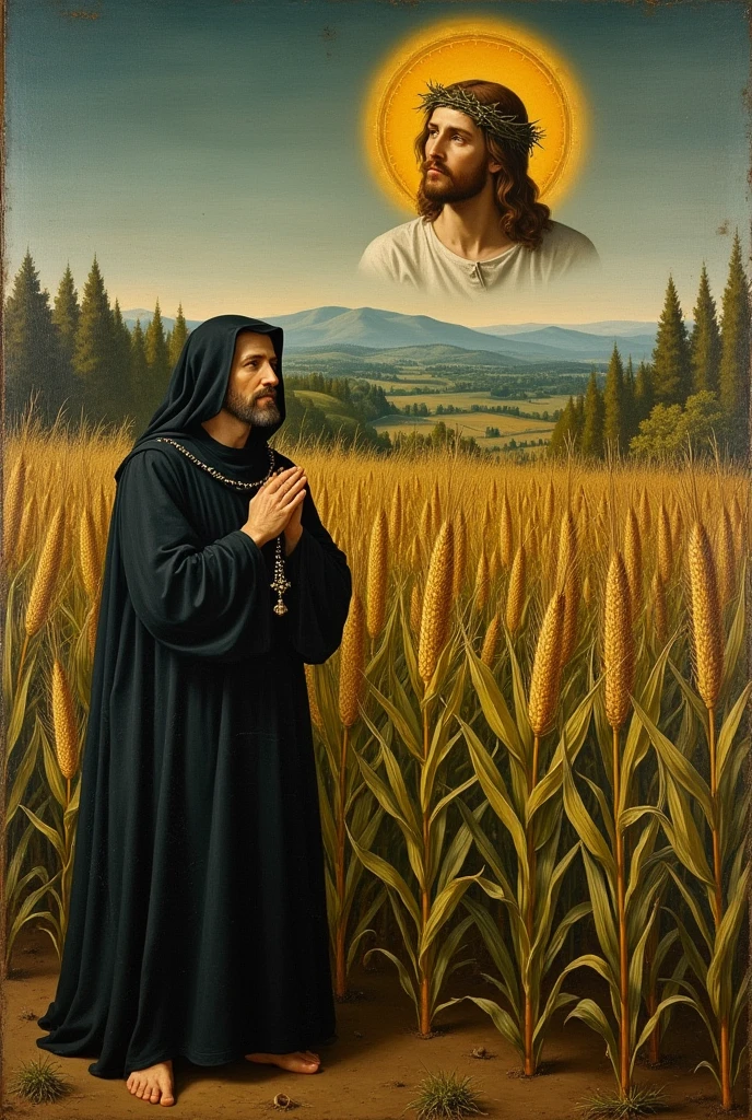 medieval painting ,Benedictine monk working in a corn field praying the rosary, with only the face of Lord Jesus Christ above with his crown of thorns in place of the sun
