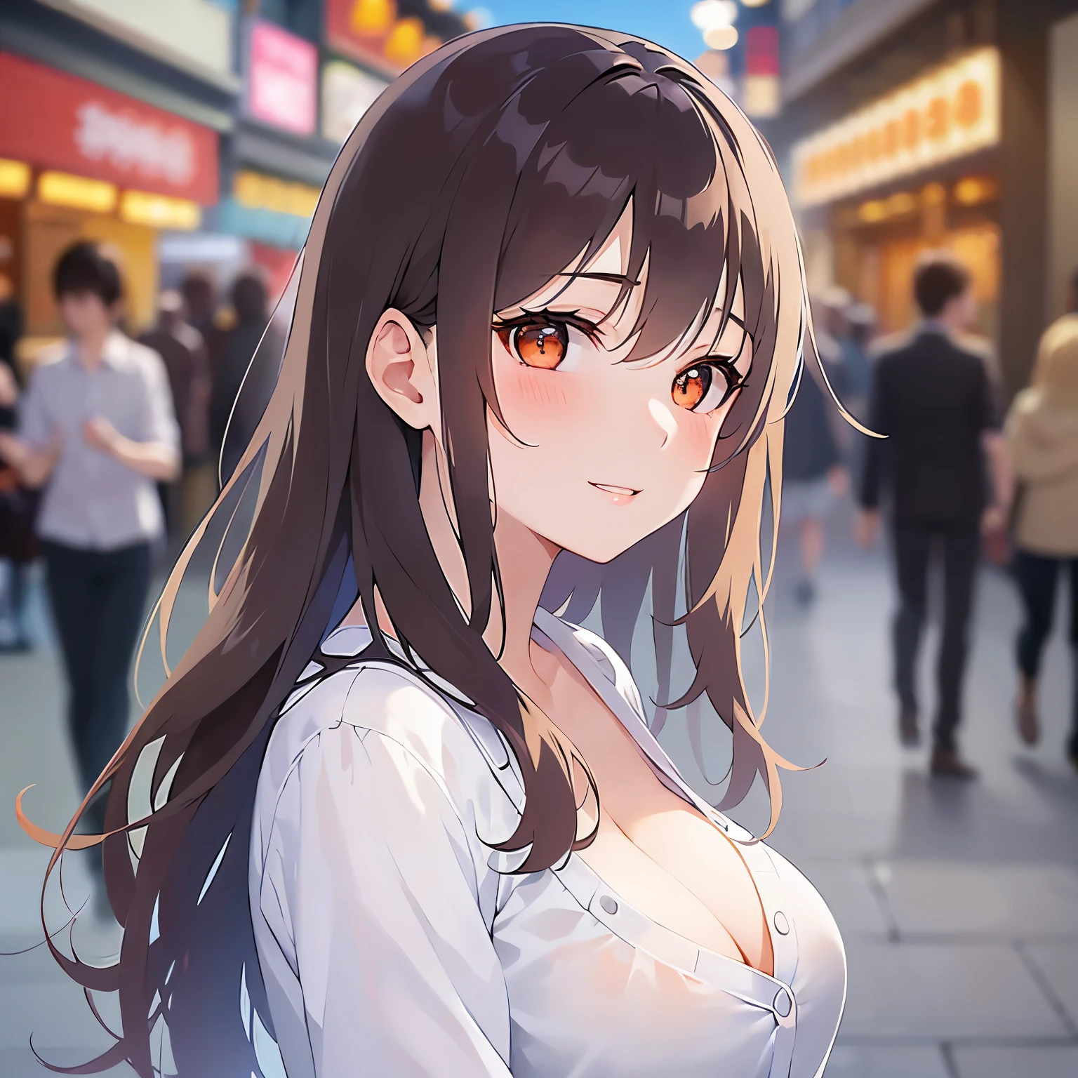 cleavage、open clothes, looking up, hand on own chin、Close-up of your face、side angle, (pale skin: 1.2), shiny skin, shiny hair、(A 25-year-old woman with medium-length hair and bangs) and (wavy hair) and (brown hair) and (orange eyes) and (half closed eyes), white collared shirt, smile, (blush:1.3), The background is a shopping street at night、Alone、Are standing