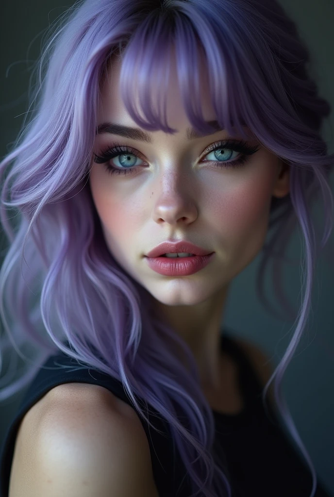realistic, vampy dark makeup, smokey eyelinder, ,Exquisite girl, timeless beauty,  porcelain pale skin, light blue eyes, vivid dark purple hair，gorgeous，high resolution，极high resolution，，Adding details，Clarity Enhancement，Detail Enhancement,Silver Hair,Divine Light
