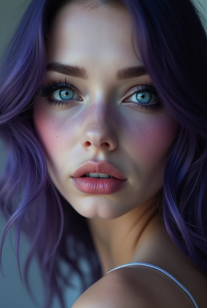 realistic, vampy dark makeup, smokey eyelinder, ,Exquisite girl, timeless beauty, porcelain pale skin, light blue eyes, vivid dark purple hair,gorgeous,high resolution,极high resolution,,Adding details,Clarity Enhancement,Detail Enhancement,Silver Hair,Divine Light