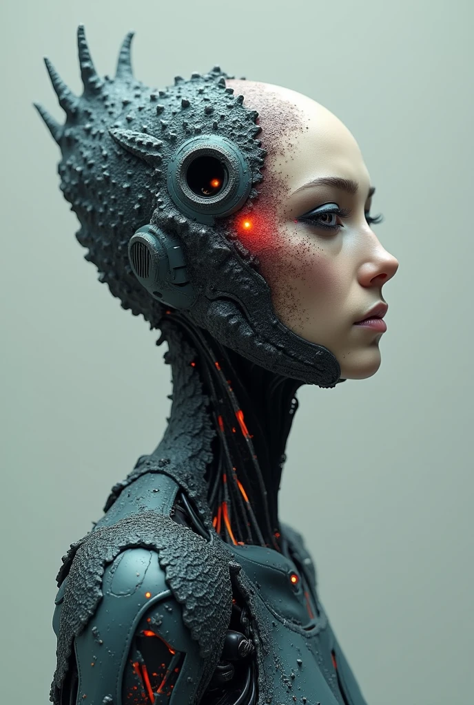 A humanoid robot with the right half being light blue and black、A reddish-black creature with scales on the left half、The seams look like a living thing is invading the robot.、A man's face from the neck up, with a monster's eye glowing red in the left eye、The right eye looks like a robot、whole body
