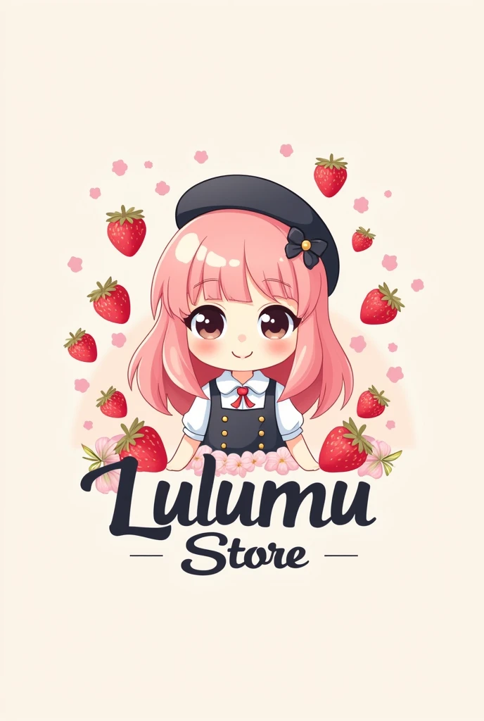 Create a small logo of a store called "Lulumu Store" with white colors, rosa , red, black and has a girl dressed as a lolita with pastel pink hair and strawberries drawn around it