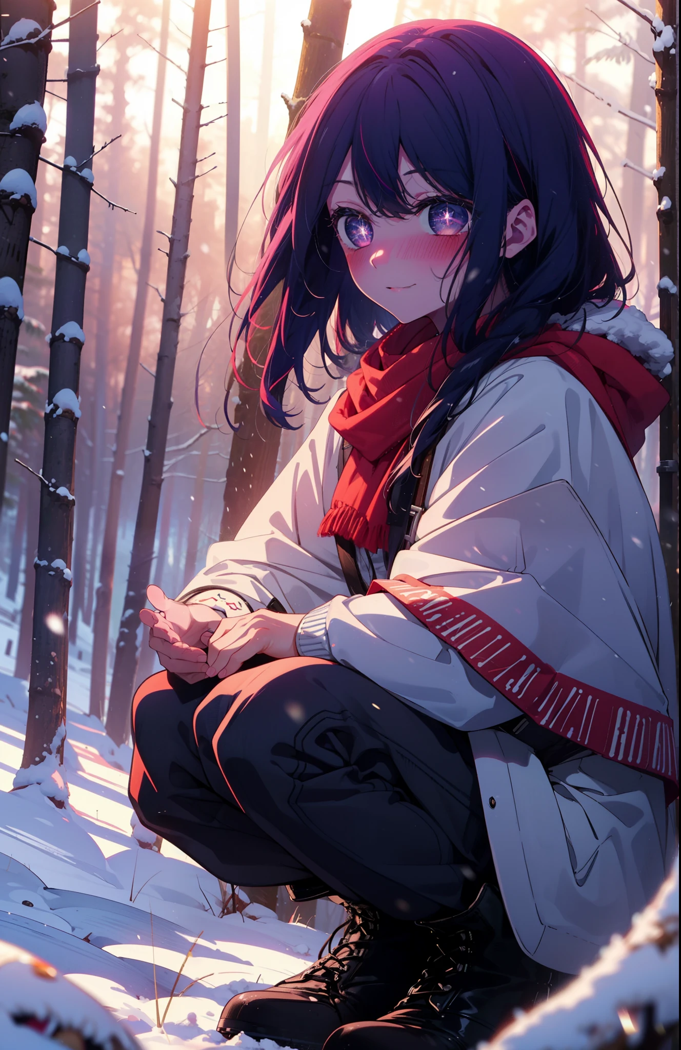 aihoshino, Ai Hoshino, Long Hair, bangs, (Purple eyes:1.1), Purple Hair, (Symbol-shaped pupil:1.5), smile,,smile,blush,white breath,
Open your mouth,snow,Ground bonfire, Outdoor, boots, snowing, From the side, wood, suitcase, Cape, Blurred, , forest, White handbag, nature, Squat, Mouth closed, Cape, winter, Written boundary depth, Black shoes, red Cape break looking at viewer, Upper Body, whole body, break Outdoor, forest, nature, break (masterpiece:1.2), Highest quality, High resolution, unity 8k wallpaper, (shape:0.8), (Beautiful and beautiful eyes:1.6), Highly detailed face, Perfect lighting, Highly detailed CG, (Perfect hands, Perfect Anatomy),