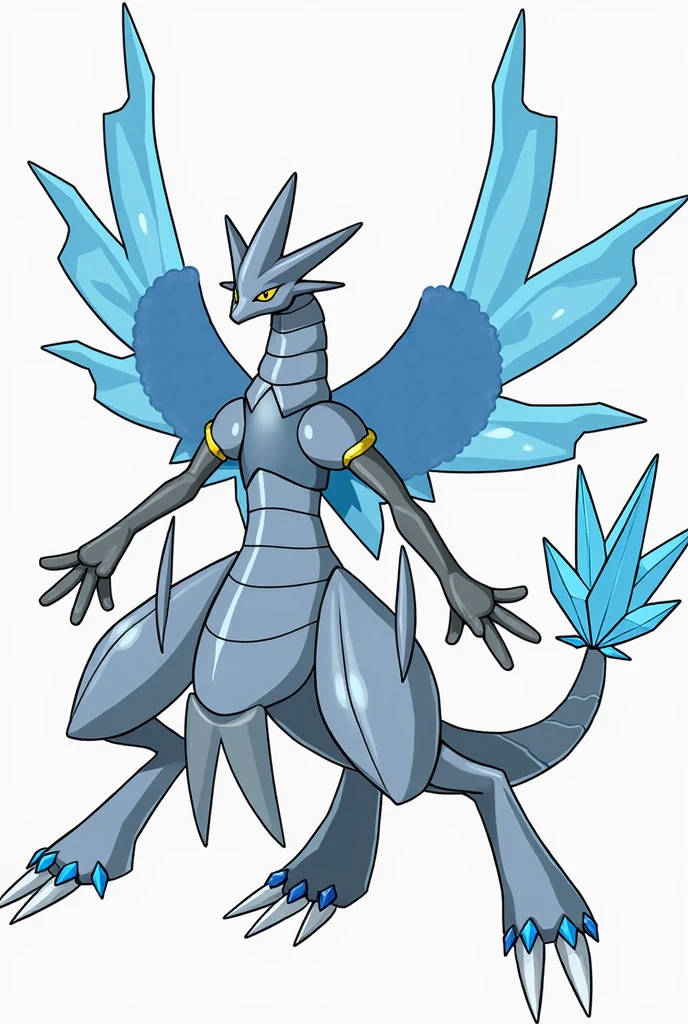 Kyurem has a unique blue head and snout and has yellow eyes with no pupils., has a pair of pointed blueish light horns on its head and yellow crest on its skull. His jaws are frozen shut by the ice covering his head. Kyurem's neck is long and gray in color with running lines around its entire body., flegs, arms and tail. Kyurem has two arms, each with its own claw and each arm is articulated together with its strangely shaped blue wings. The wings are believed to be used for flying, as well as cold air storage and has two ice spikes each. The ice covering the wings is fragile, revealing gray mecha-like appendages on Kyurem's back. The right side of his body appears to be damaged in some way., as the wing and horn on the head on that side are shorter, the right side of his head also has a spiked edge near his jaw joint that is absent from his left. Suas flegs são um pouco magro, unlike Reshiram and Zekrom , and has three sharp ice like claws on each huge foot. Its tail has three blue pendant-shaped spikes at its tip.. Just like his fellow Tao trio, the tail appears to be some sort of propulsion device or energy container, exactly what it is based on is unclear, but it could be a damaged turbine.